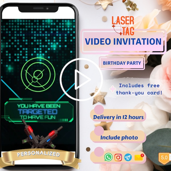 Laser Tag Birthday Invitation, Animated Video Invite, Bday Party Invitations, Downloaded Neon Personalized e vites, Custom For Boys & Girls