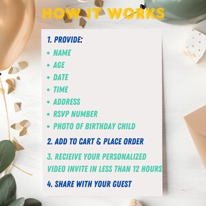 May include: A white sheet of paper with instructions on how to create a personalized video invitation. The instructions include providing the name, age, date, time, address, RSVP number, and a photo of the birthday child. The paper is on a white wooden surface with gold confetti and a brown envelope.