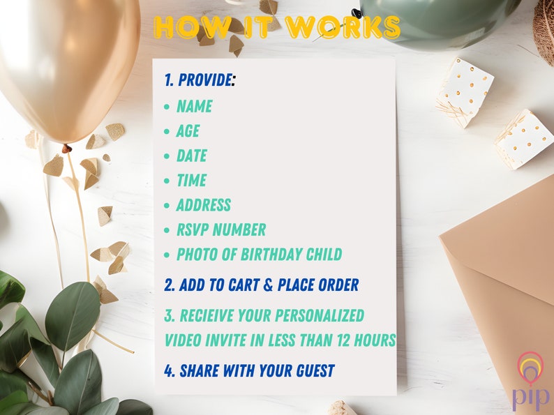 May include: A white sheet of paper with instructions on how to create a personalized video invitation. The instructions include providing the name, age, date, time, address, RSVP number, and a photo of the birthday child. The paper is on a white wooden surface with gold confetti and a brown envelope.