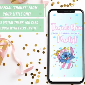 K&ouml;nnte beinhalten: Eine digitale Dankeskarte mit einer blauen Comicfigur, die einen Partyhut tr&auml;gt und eine Geschenkbox h&auml;lt. Die Karte lautet "Vielen Dank, dass du zu meiner Party gekommen bist!" und ist von Konfetti umgeben.