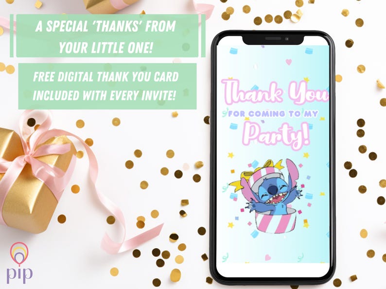K&ouml;nnte beinhalten: Eine digitale Dankeskarte mit einer blauen Comicfigur, die einen Partyhut tr&auml;gt und eine Geschenkbox h&auml;lt. Die Karte lautet "Vielen Dank, dass du zu meiner Party gekommen bist!" und ist von Konfetti umgeben.