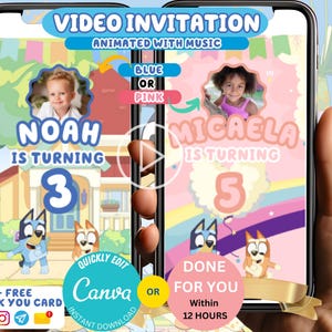 Modello di invito per cane blu, invito video digitale per compleanno, opzione blu o rosa, inviti per feste modificabili o già pronti per te per ragazzi e ragazze