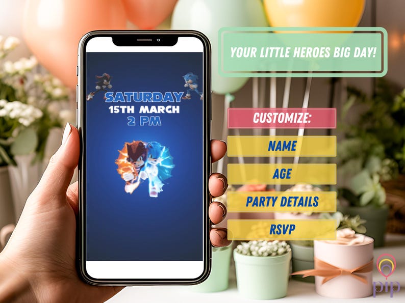 May include: A digital invitation on a smartphone screen for a birthday party featuring a blue and red cartoon character. The invitation reads "Saturday 15th March 2 PM" and "Your Little Heroes Big Day!" with customisable fields for name, age, party details, and RSVP.