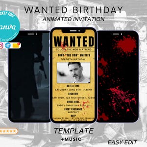 May include: A printable animated invitation for a 40th birthday party with a wanted poster theme. The poster features a photo of the birthday person, the date, time, location, dress code, and RSVP information. The text on the poster reads "WANTED TO JOIN THE MOB & ATTEND TONY "THE DON" SMITH'S FORTIETH BIRTHDAY".