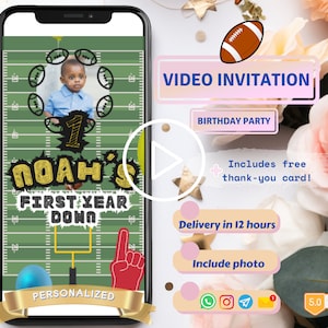 Football Birthday Invitation, First Year Down Video e vite, Game On, Football Invite, Editable First birthday Invite Template, Boy Birthday