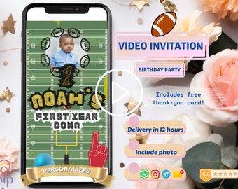 May include: A personalized video invitation for a first birthday party with a football theme. The invitation features a photo of a baby boy in a circle surrounded by footballs. The text on the invitation reads "Noah's First Year Down" and includes a football field graphic. The invitation also includes a play button and the text "Video Invitation" and "Birthday Party".
