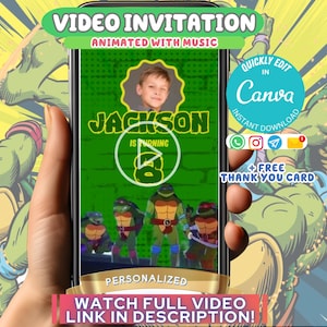 Modelo de convite de tartarugas, convite de vídeo de aniversário, convite animado editável, convites de festa de aniversário Ninjaturtles, download instantâneo do Canva
