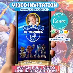 Modèle d'invitation sonic, hérisson animé modifiable ombre, invitation vidéo d'anniversaire numérique, anniversaire, téléchargement immédiat canva