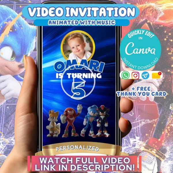 Modelo de convite do Sonic, Evite animado editável do Shadow Hedgehog, convite de vídeo de aniversário digital, festa de aniversário, download instantâneo do Canva