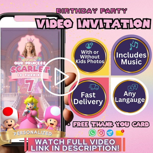 Princess Peach Invitation Template, Super Mario Pink Princess, Birthday Digital Video Invite, Animated Girls Peach Bday Party Invitations