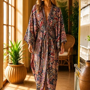Vintage Silk Saree Kimono Robe Long, Boho Floral Paisley Dressing Gown, Indian Silk Blend Robe, Resort Wear, 51 Inch One Size