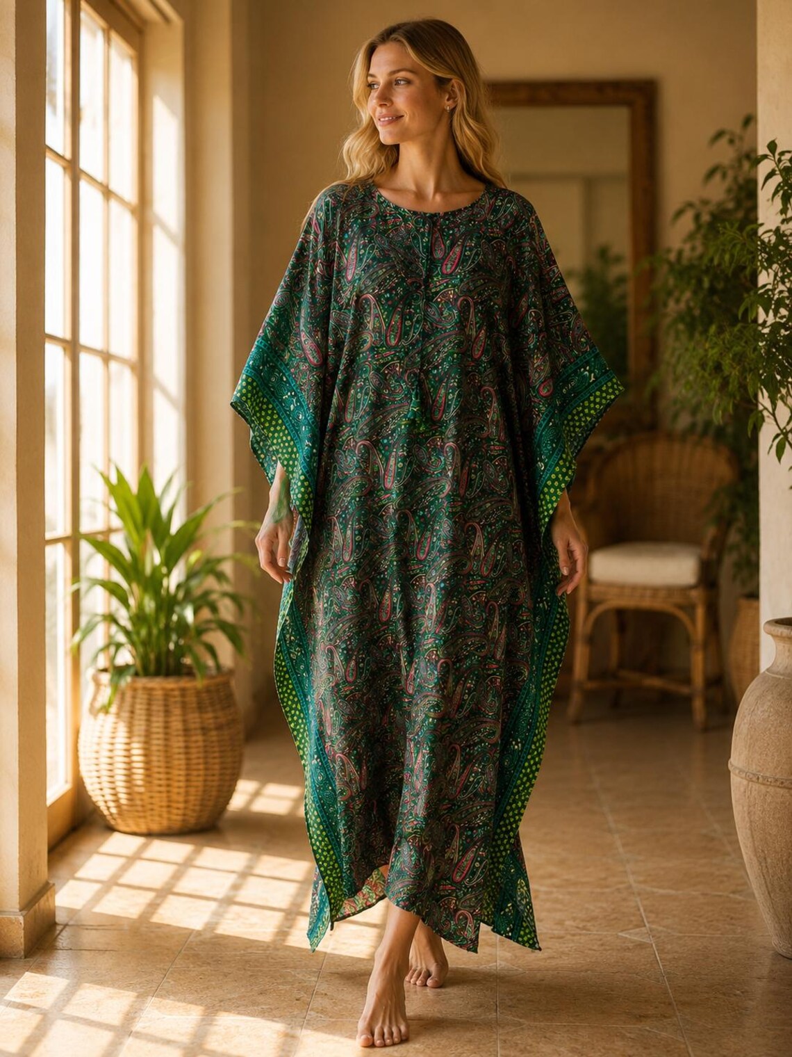 Green Vintage Silk Saree Kaftan Dress | Boho Maxi Caftan | Indian Lounge Dress | Beach Cover Up | Resort Wear | One Size, foto 1 di 5
