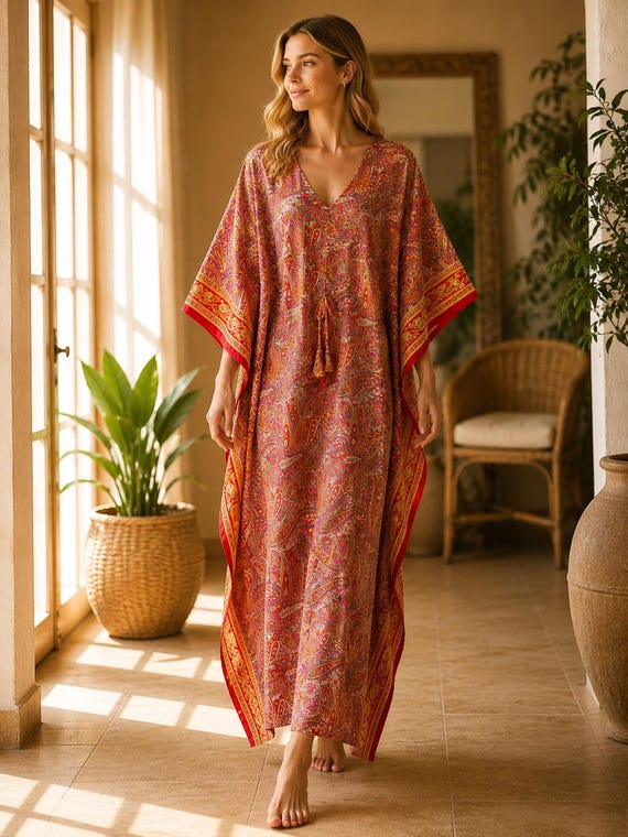 Red Vintage Silk Saree Kaftan Dress | Boho Maxi Caftan | Indian Resort Wear | Beach Cover Up | Plus Size Kaftan | One Size
