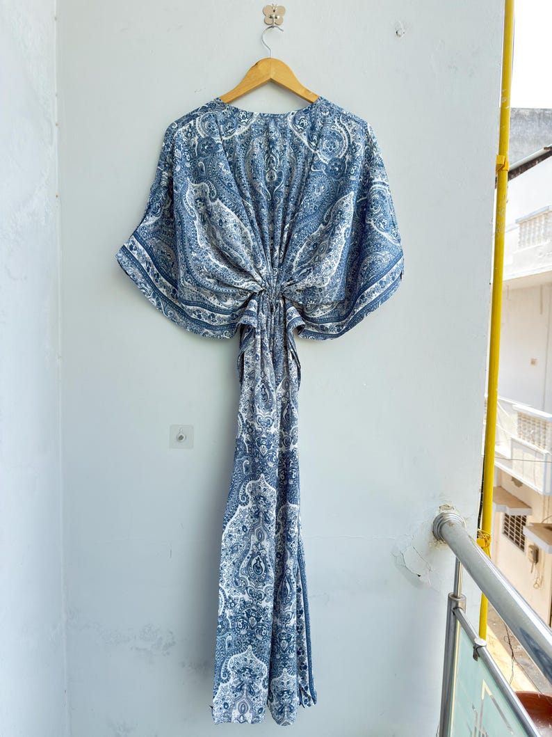 Vintage Kasturi Silk Kaftan Dress, Blue White Paisley Silk Caftan, Recycled Sari Kaftan for Women, Boho Luxury Lounge Wear, Handmade Maxi image 2