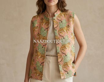 Reversible Cotton Quilted Vest XL Tiger Print | Handmade Block Print Sleeveless Jacket Women | Boho Lightweight Cotton Vest | Ethical Indian