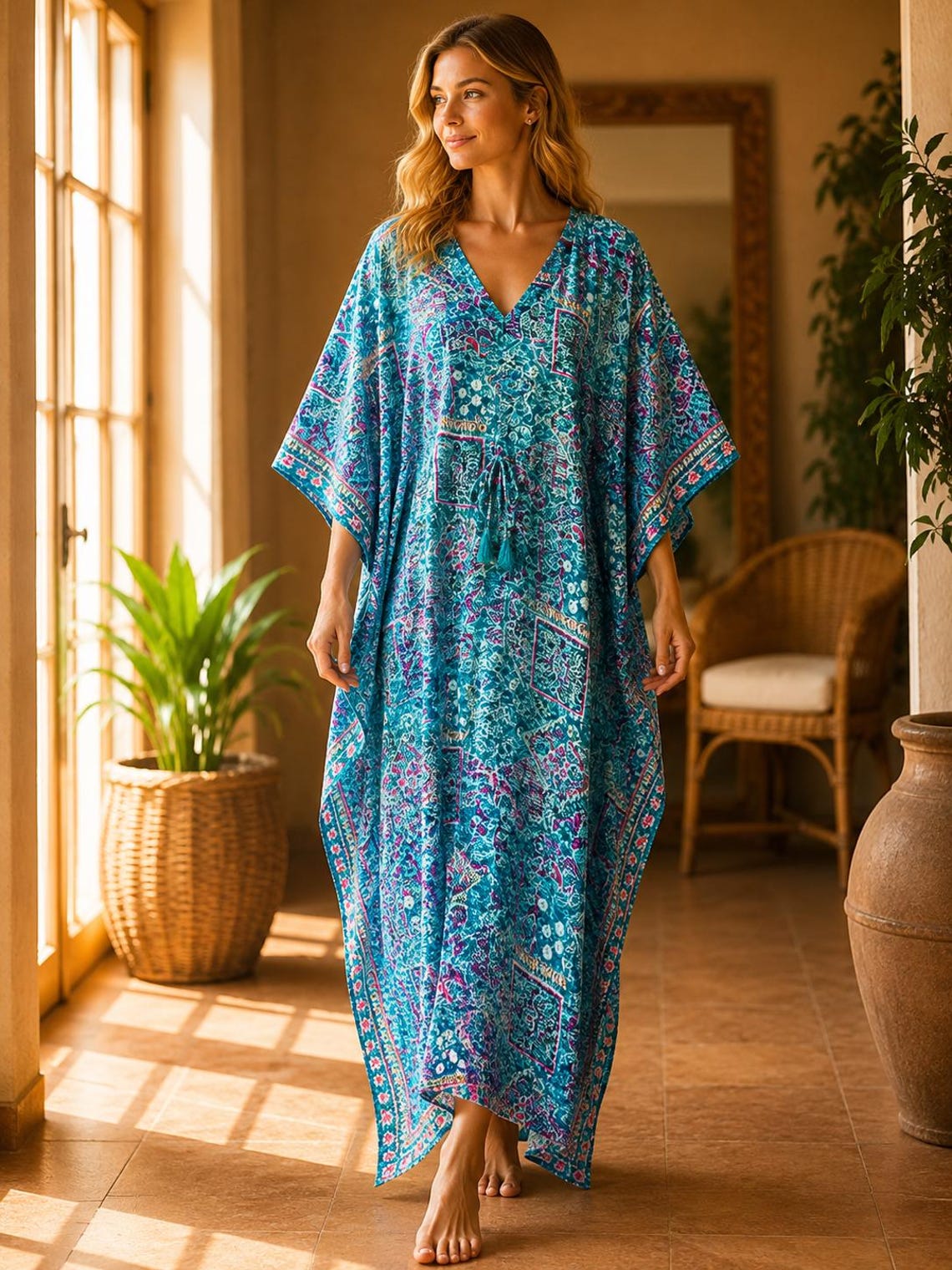 Turquoise Vintage Silk Saree Kaftan Dress, Boho Maxi Caftan, Indian Silk Blend Beach Cover Up, Resort Wear, One Size 51 Inch, foto 1 di 5