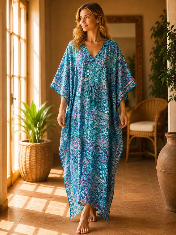 Turquoise Vintage Silk Saree Kaftan Dress, Boho Maxi Caftan, Indian Silk Blend Beach Cover Up, Resort Wear, One Size 51 Inch