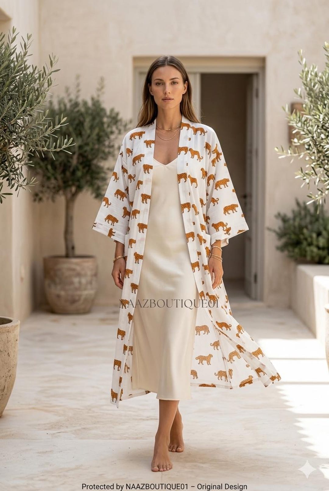 Shimpan Robe Neutral Animal Print Kimono Robe Women, Cotton Beach Cover Up ...