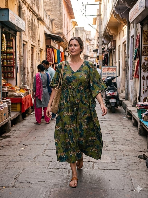 green safari dress Olive Print Cotton Kaftan – One Size Boho Maxi Dress, Adjustable Waist Resort Wear womens safari dress