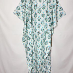 Blue Floral Block Print Kaftan Cotton Lounge Dress Handmade White Boho Kaftan Free Size Summer Robe Artisan Printed Cotton Kaftan Lightweigh
