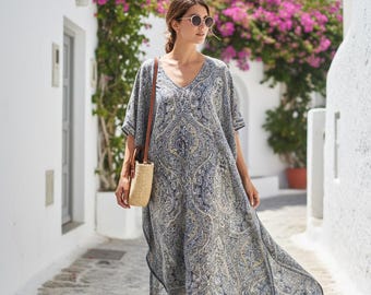 Kasturi Silk Kaftan Dress – Blue Paisley Maxi Caftan – One Size Boho Silk Resort Wear – Lightweight Luxury Vacation Dress