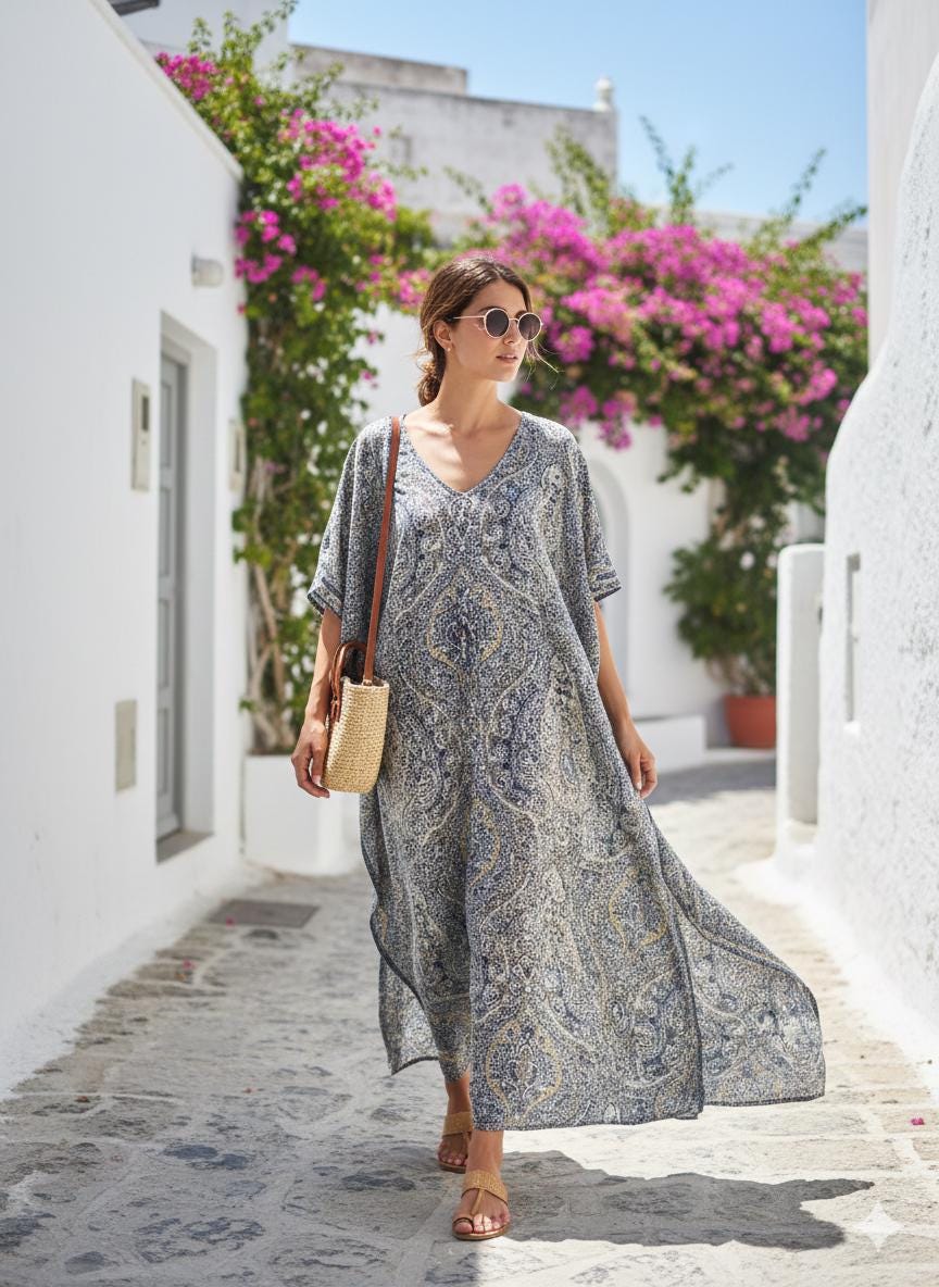 Caftano Elegante Da Donna In Viscosa Con Ricami Dorati - Blu Turchese - Taglia Unica (42-46) - Ideale Per Spiaggia, Feste E Matrimoni