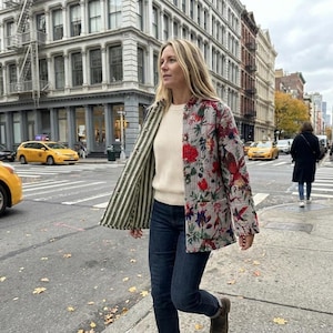 Reversible Quilted Velvet Jacket for Women • Green Lined Print Coat • Handmade Boho Winter Jacket • 6 Button Vintage Style Coat • Medium