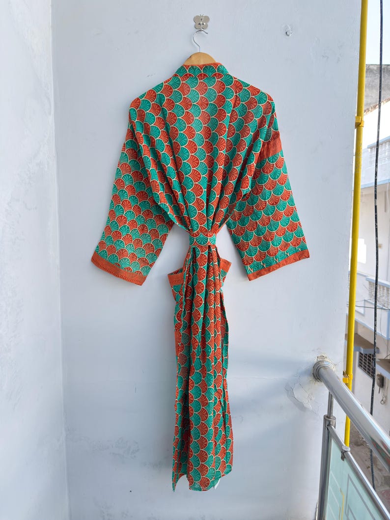 Upcycled Old Robe Vintage Indian Saree Robe – Orange & Teal Boho Kimono Duster – Upcycled ...