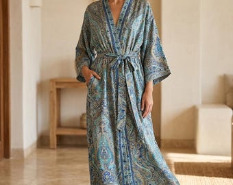 Kasturi Silk Kimono Robe | Blue Paisley Silk Dressing Gown | Handmade Boho Long Robe | Luxury Resort Wear Kimono for Women