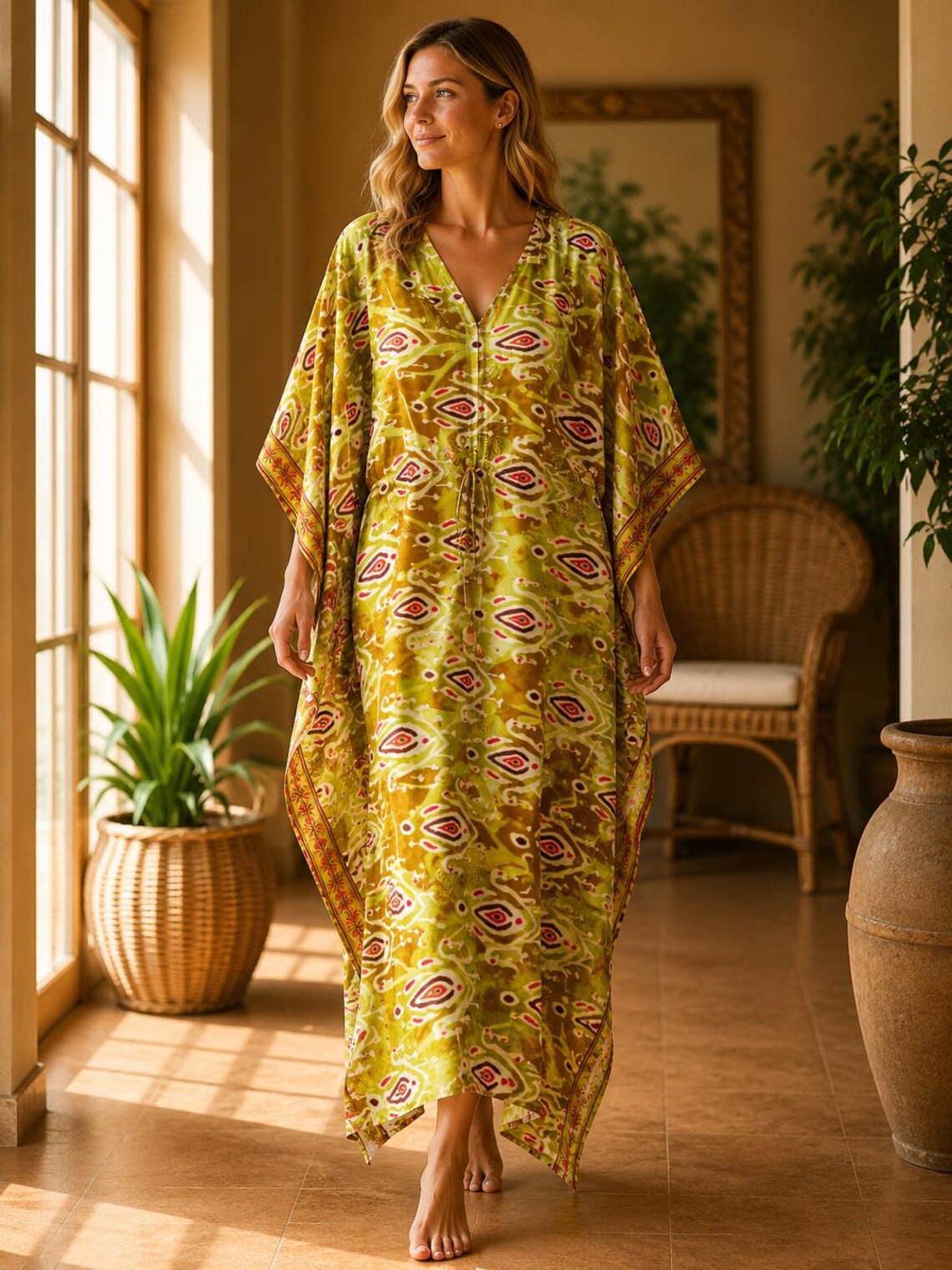 Olive Green Vintage Silk Saree Kaftan Dress, Boho Maxi Caftan, Indian Silk Blend Resort Beach Cover Up, One Size 51 Inch, foto 1 di 5