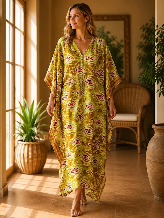 Olive Green Vintage Silk Saree Kaftan Dress, Boho Maxi Caftan, Indian Silk Blend Resort Beach Cover Up, One Size 51 Inch