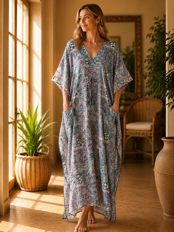 Blue Vintage Silk Saree Kaftan with Pockets, Boho Maxi Caftan Dress, Indian Silk Blend Resort Beach Cover Up, One Size 51 Inch