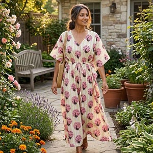 Könnte beinhalten: Eine Frau trägt ein cremefarbenes V-Ausschnitt-Kleid mit einem rosa Pfauenfedermuster. Das Kleid hat eine Kordelzug-Taille und kurze Ärmel. Sie trägt eine gewebte Tasche und braune Sandalen. Der Hintergrund umfasst einen Garten mit Blumen und einem Steinweg.