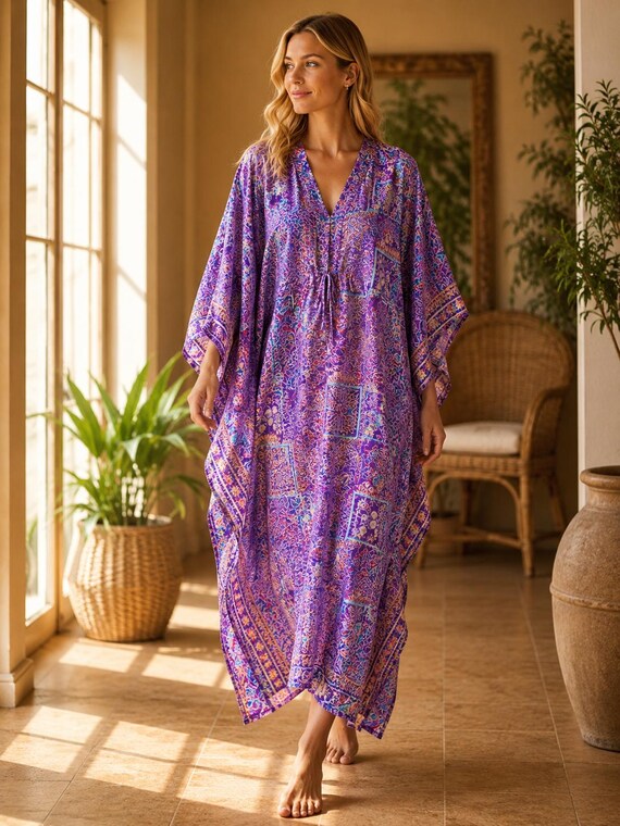 Purple Vintage Silk Saree Kaftan Dress | Boho Maxi Caftan | Indian Resort Wear | Beach Cover Up | Plus Size Kaftan | One Size