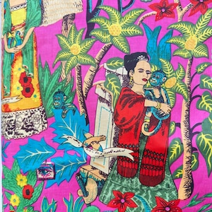 Pink Folk Art Hand Block Cotton Fabric by the Yard 44 Inch Wide Traditional Indian Story Print Soft Lightweight Dressmaking Material