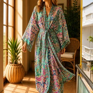 Vintage Silk Saree Kimono Robe Long 51 Inch, Indian Silk Blend Robe, Boho Paisley Dressing Gown, Bridal Robe, Resort Wear