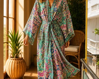 Vintage Silk Saree Kimono Robe Long 51 Inch, Indian Silk Blend Robe, Boho Paisley Dressing Gown, Bridal Robe, Resort Wear