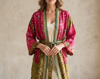 Vintage Silk Saree Kimono Robe, Upcycled Indian Silk Dressing Gown, Boho Long Wrap Robe, Sustainable Luxury Lounge Robe