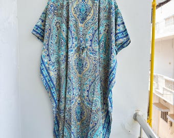 Vintage Kasturi Silk Kaftan Dress, Blue Paisley Silk Caftan, Recycled Sari Kaftan for Women, Boho Lounge Wear, Handmade Resort Maxi Dress