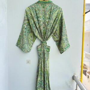 Green Kasturi Silk Kimono Robe Women, Long Boho Bridal Robe, Luxury Dressing Gown, Paisley Silk Resort Wear Gift for Her image 3