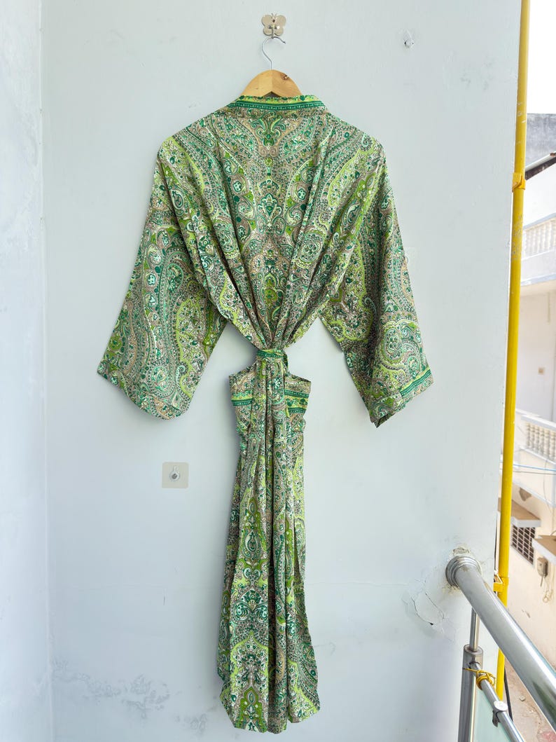 Green Kasturi Silk Kimono Robe Women, Long Boho Bridal Robe, Luxury Dressing Gown, Paisley Silk Resort Wear Gift for Her image 3