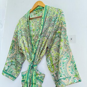 Green Kasturi Silk Kimono Robe Women, Long Boho Bridal Robe, Luxury Dressing Gown, Paisley Silk Resort Wear Gift for Her image 5