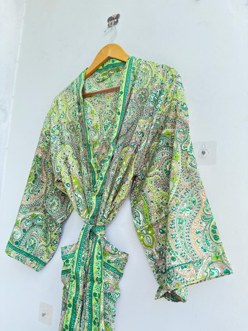 Green Kasturi Silk Kimono Robe Women, Long Boho Bridal Robe, Luxury Dressing Gown, Paisley Silk Resort Wear Gift for Her image 5