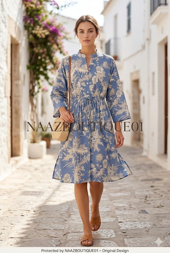 cotton midi casual dress for women Blue Botanical Women, Elegant Boho Dress, Minimal Summer Dress, Vintage Style Dress, Vacation Outfit cotton dress for women Women's Cap Sleeve Tie LowStock:44095973130291 Over a swimsuit with Neck:18.0