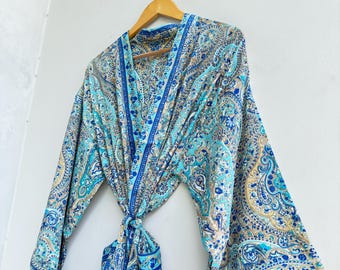 Vintage Kasturi Silk Saree Kimono Robe, Recycled Blue Paisley Silk Robe, Upcycled Sari Kimono for Women, Boho Luxury Lounge Wear, Handmade