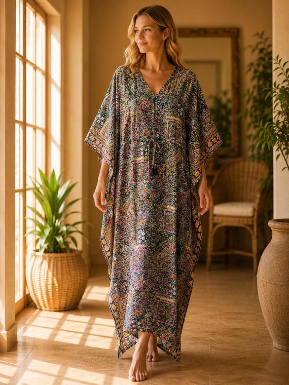 Black Vintage Silk Saree Kaftan Dress, Boho Maxi Caftan, Indian Silk Blend Resort Dress, Beach Cover Up, One Size 51 Inch