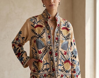 Boho Embroidered Jacket Women Cotton Quilted Coat Handmade Floral Folk Jacket Oversized One Size Artisan Jacket