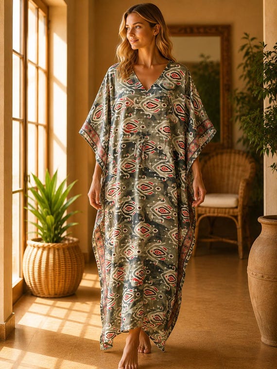 Grey Vintage Silk Saree Kaftan Dress, Boho Maxi Caftan, Indian Silk Blend Resort Wear, Beach Cover Up, One Size 51 Inch