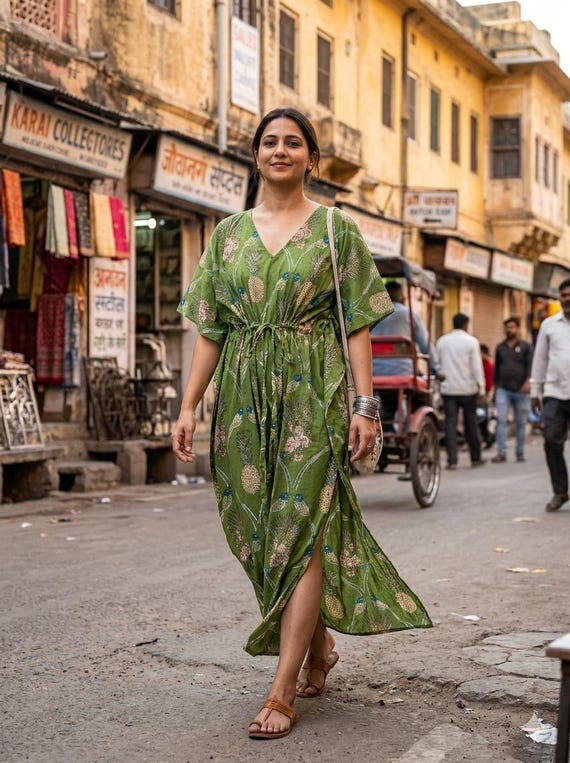 olive green kaftan dress Floral Cotton – One Size Boho Maxi Dress, Adjustable Waist Summer Resort Wear gold embroidered bridal gown