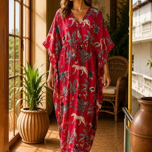 Red Safari Animal Print Kaftan Dress, Boho Maxi Caftan, Silk Blend Resort Beach Cover Up, Jungle Print, One Size 51 Inch
